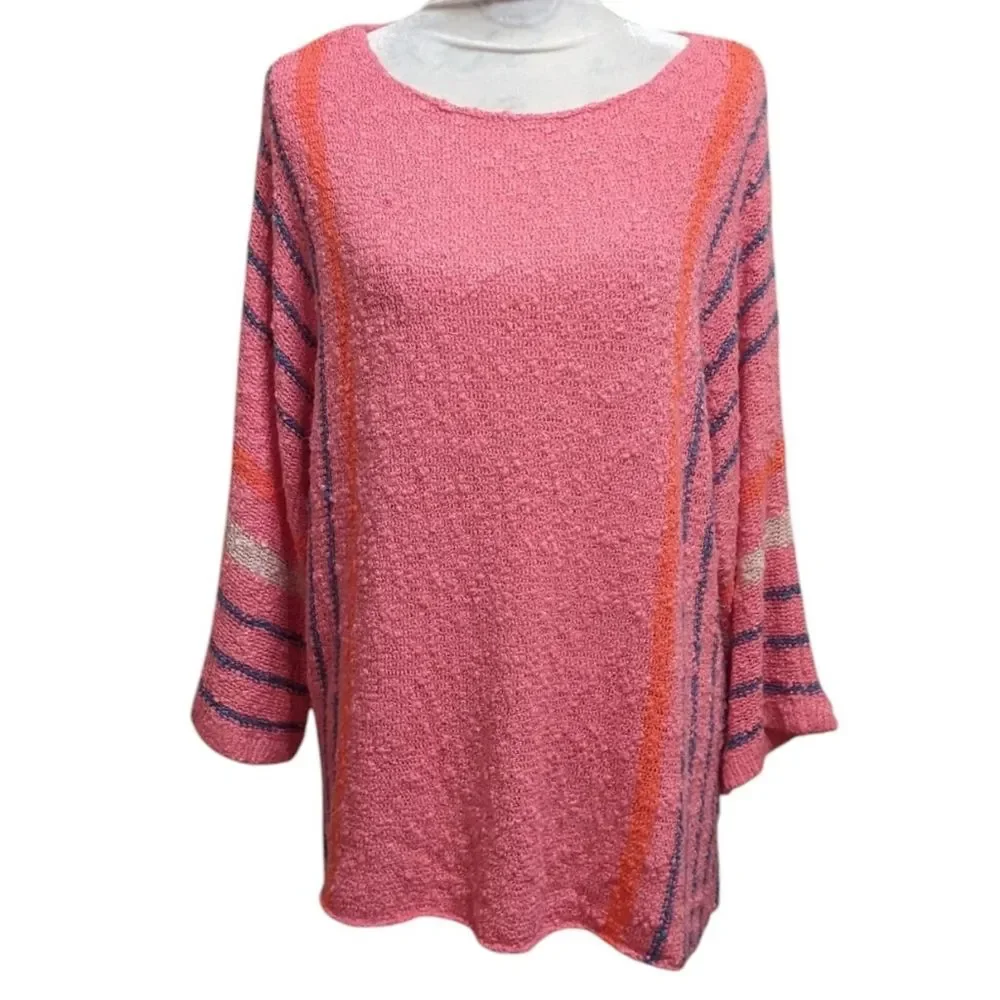 Pink Long Sweater Textured Women Open Weave Top 2XL